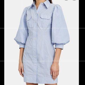 GANNI light blue and white striped mini shirt dress with puff sleeves. Size 2